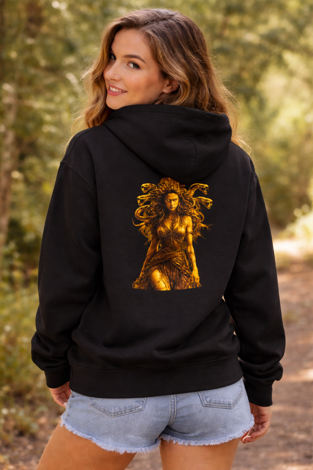 Medusa Goddess Hoodie — Gold Mythology Graphic Sweatshirt