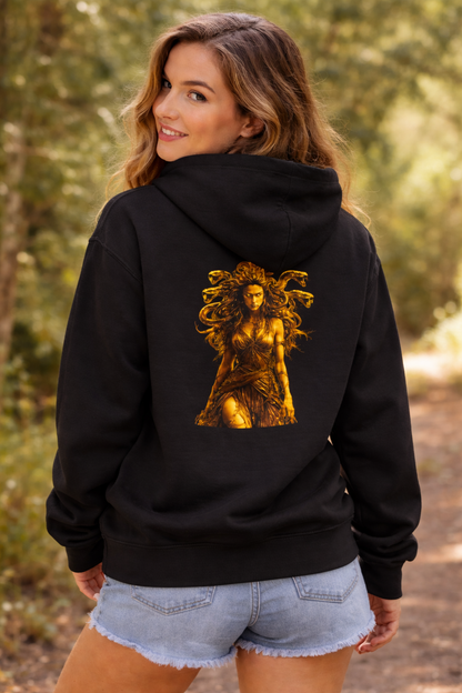 Medusa Goddess Hoodie — Gold Mythology Graphic Sweatshirt