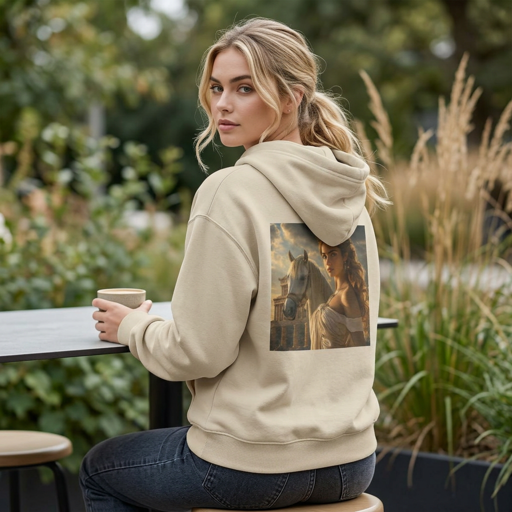 Grecian Muse Hoodie — Romantic Woman & Horse Print Pullover