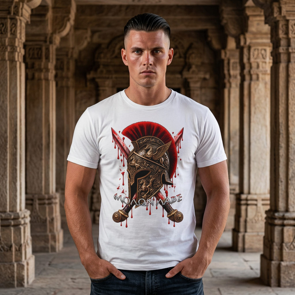 Spartan Helmet & Swords T-Shirt — 'Molon Labe' Blood-Drip Warrior Tee