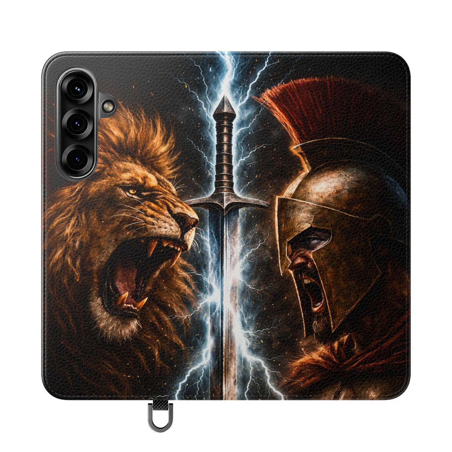 Warrior Lion & Spartan Helmet Flip Phone Case  Leather Folio Wallet Cover