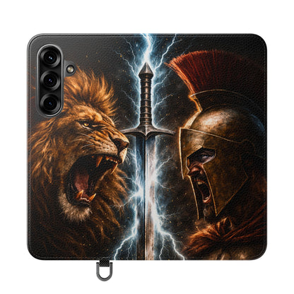 Warrior Lion & Spartan Helmet Flip Phone Case  Leather Folio Wallet Cover