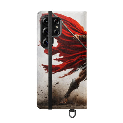 Spartan Warrior Flip Phone Case - Leather Wallet Folio with Red Cape Battle Design