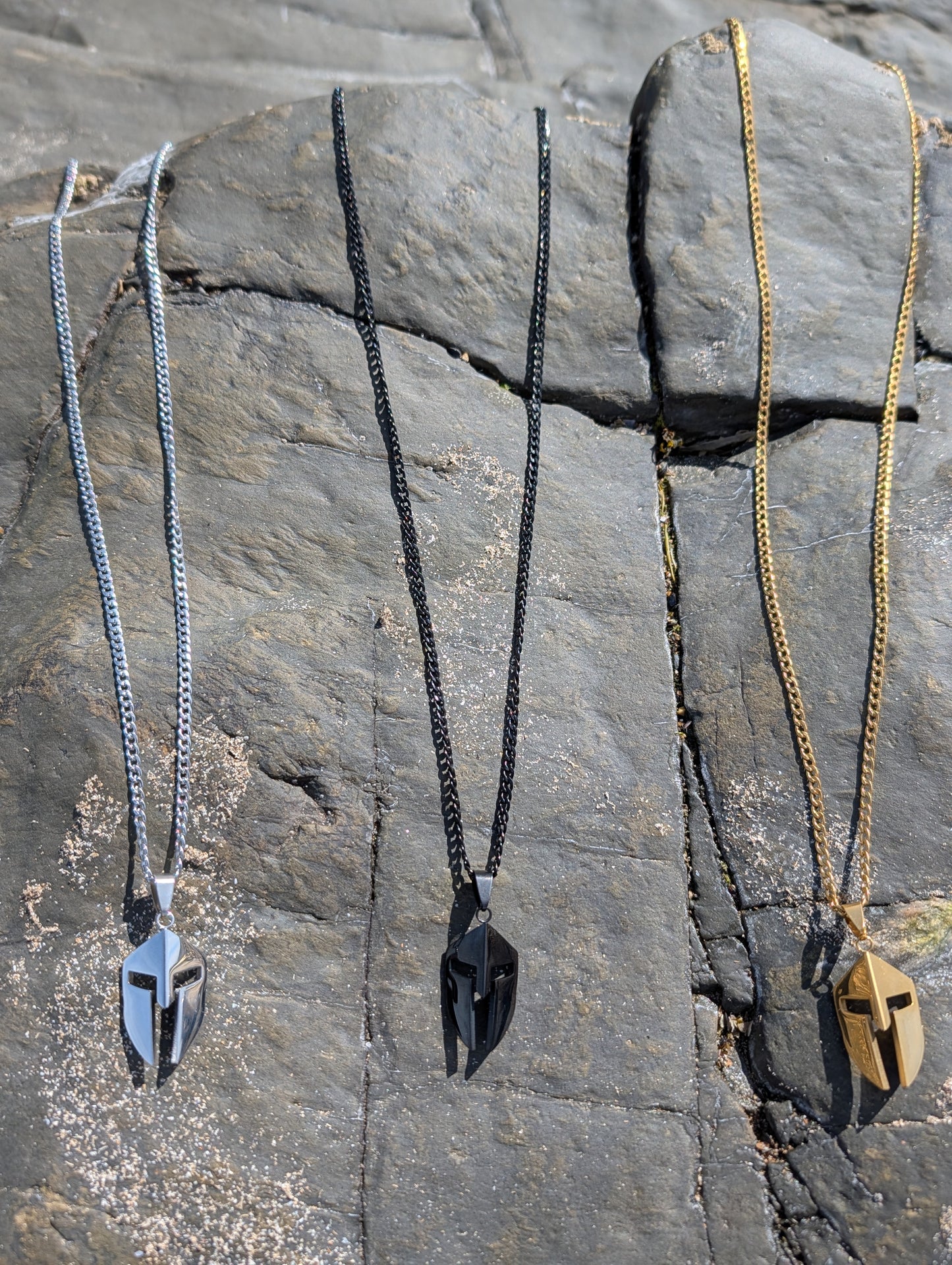 Spartan King Necklaces in silver, black and gold stainless steel finishes