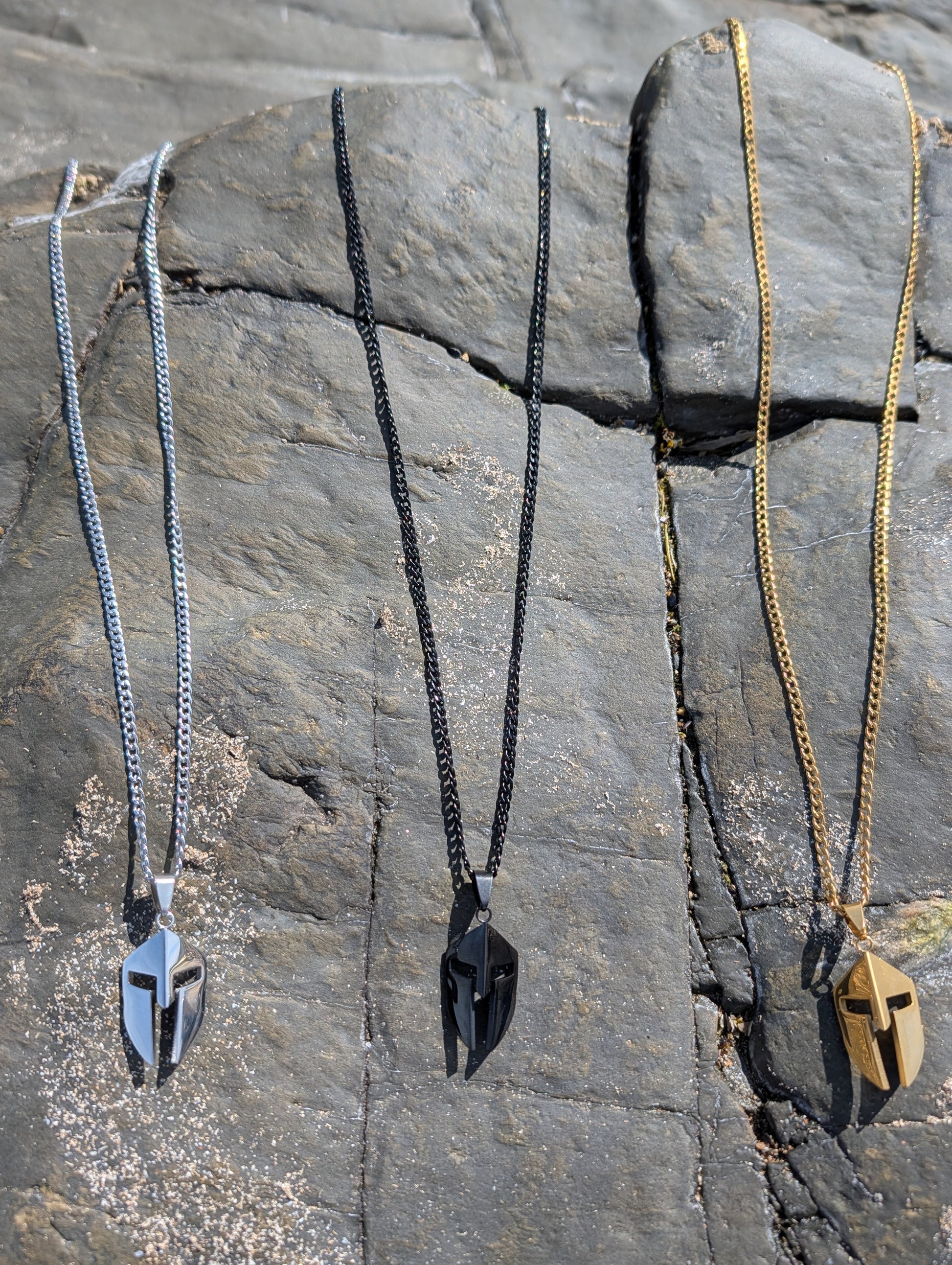 Spartan King Necklaces in silver, black and gold stainless steel finishes
