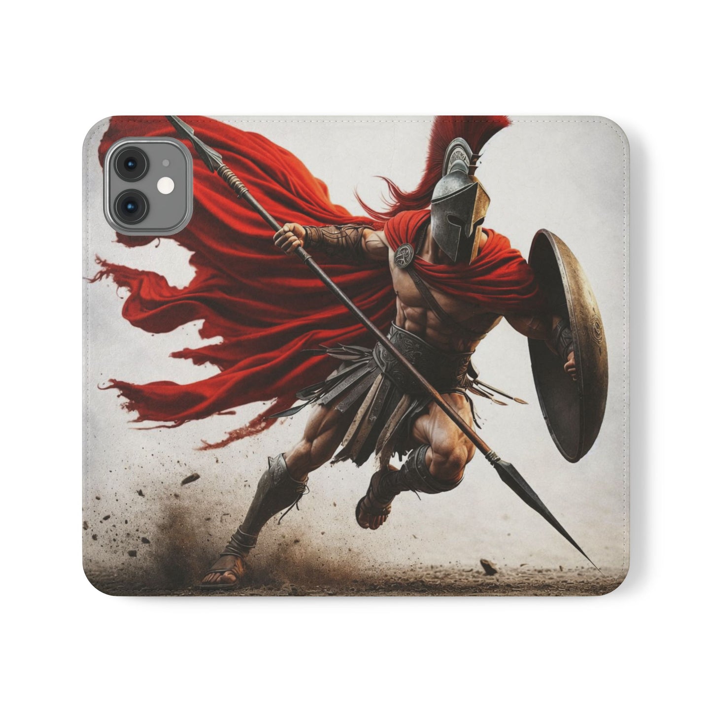 Spartan Warrior Flip Phone Case - Leather Wallet Folio with Red Cape Battle Design