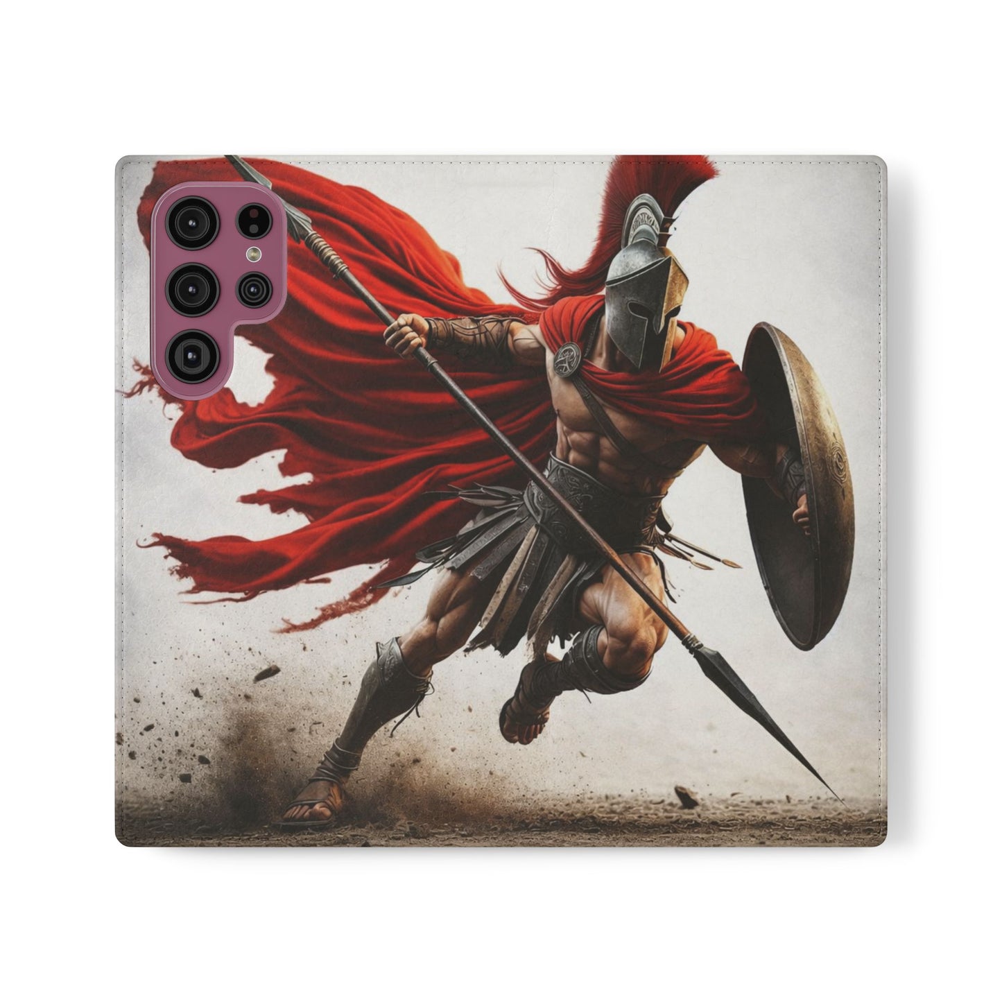 Spartan Warrior Flip Phone Case - Leather Wallet Folio with Red Cape Battle Design