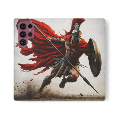 Spartan Warrior Flip Phone Case - Leather Wallet Folio with Red Cape Battle Design