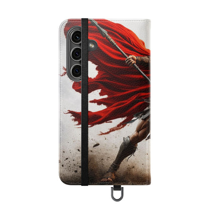 Spartan Warrior Flip Phone Case - Leather Wallet Folio with Red Cape Battle Design
