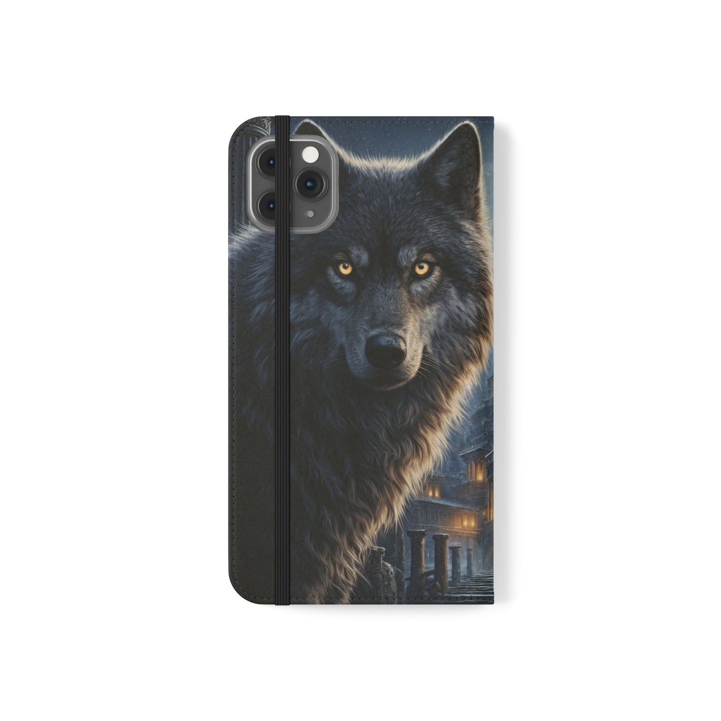 Wolf at Moonlit Ruins Flip Case — Mystical Nightscape Phone Wallet