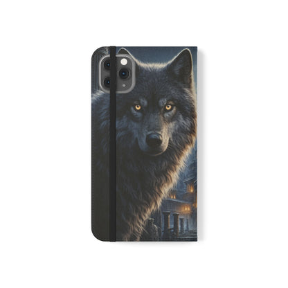 Wolf at Moonlit Ruins Flip Case — Mystical Nightscape Phone Wallet