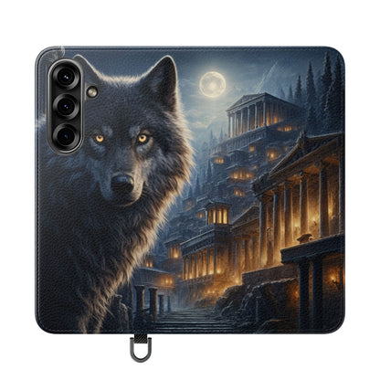 Wolf at Moonlit Ruins Flip Case — Mystical Nightscape Phone Wallet