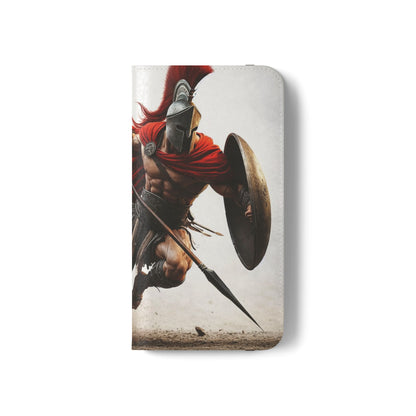 Spartan Warrior Flip Phone Case - Leather Wallet Folio with Red Cape Battle Design