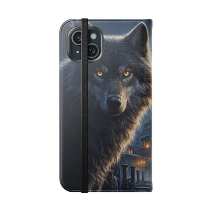Wolf at Moonlit Ruins Flip Case — Mystical Nightscape Phone Wallet