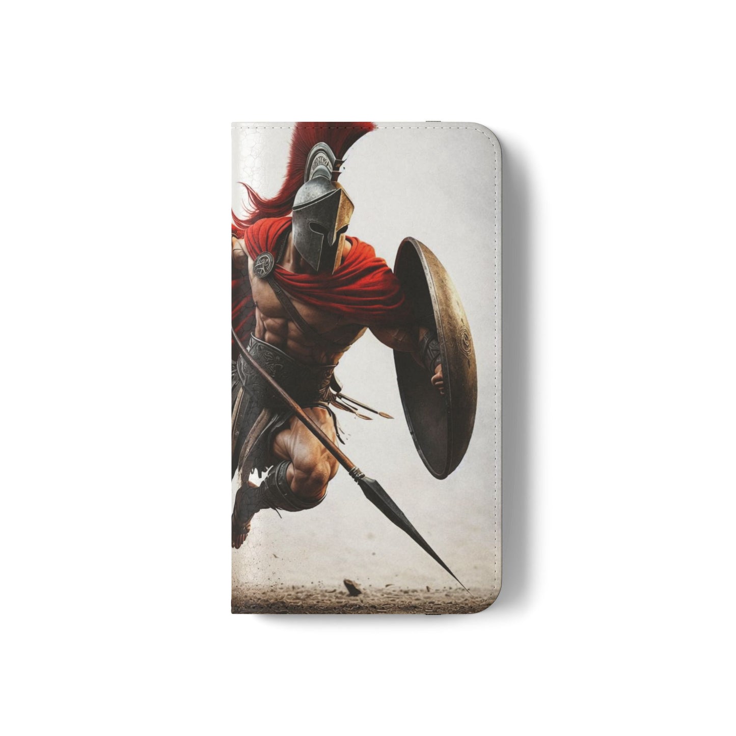 Spartan Warrior Flip Phone Case - Leather Wallet Folio with Red Cape Battle Design