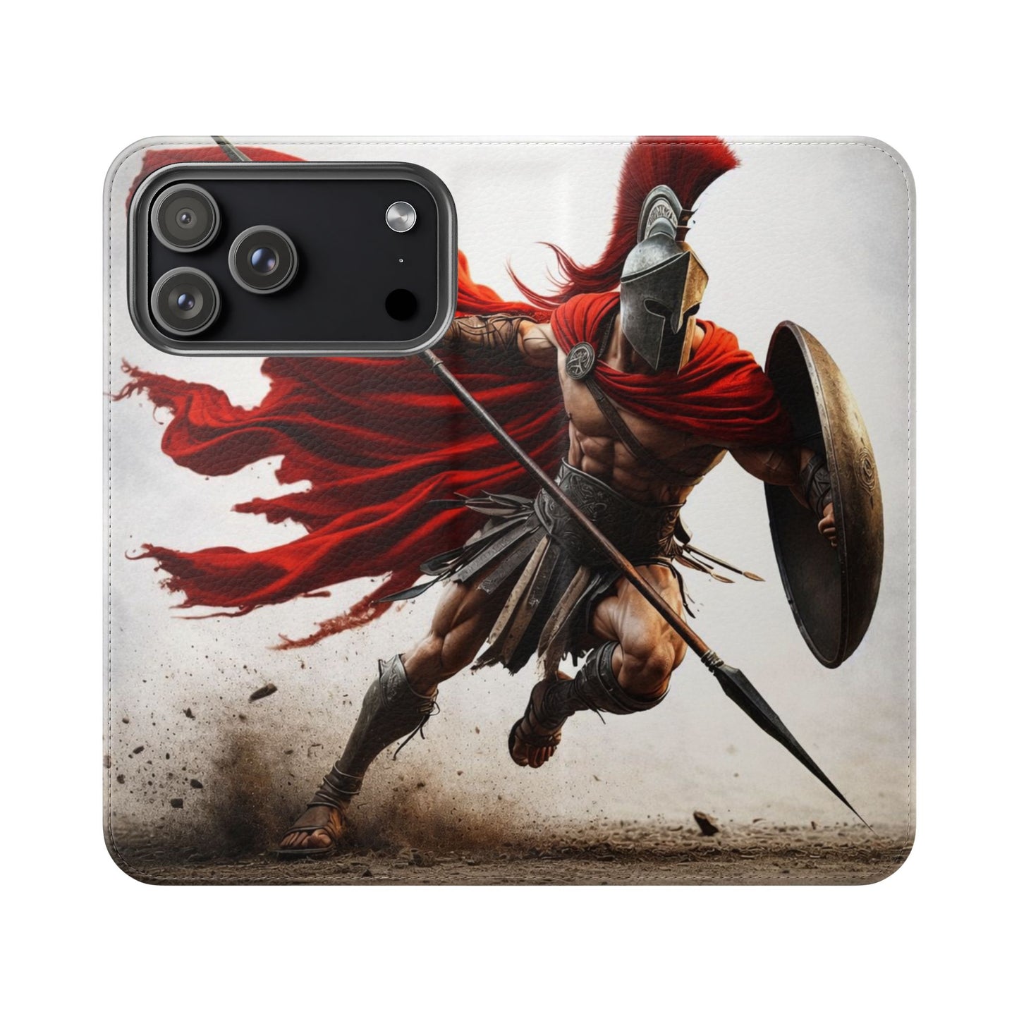 Spartan Warrior Flip Phone Case - Leather Wallet Folio with Red Cape Battle Design