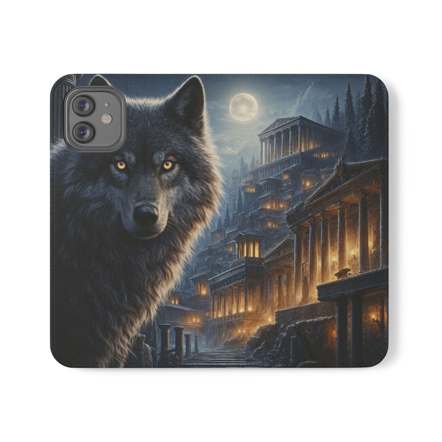 Wolf at Moonlit Ruins Flip Case — Mystical Nightscape Phone Wallet