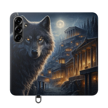 Wolf at Moonlit Ruins Flip Case — Mystical Nightscape Phone Wallet