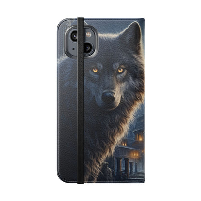 Wolf at Moonlit Ruins Flip Case — Mystical Nightscape Phone Wallet