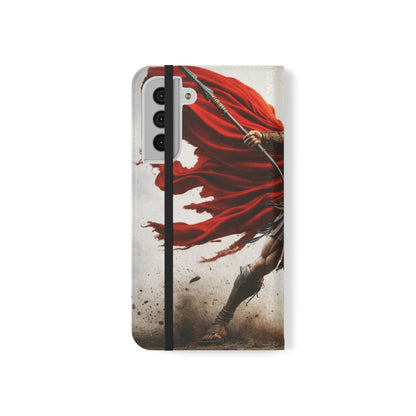 Spartan Warrior Flip Phone Case - Leather Wallet Folio with Red Cape Battle Design