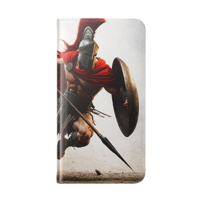 Spartan Warrior Flip Phone Case - Leather Wallet Folio with Red Cape Battle Design