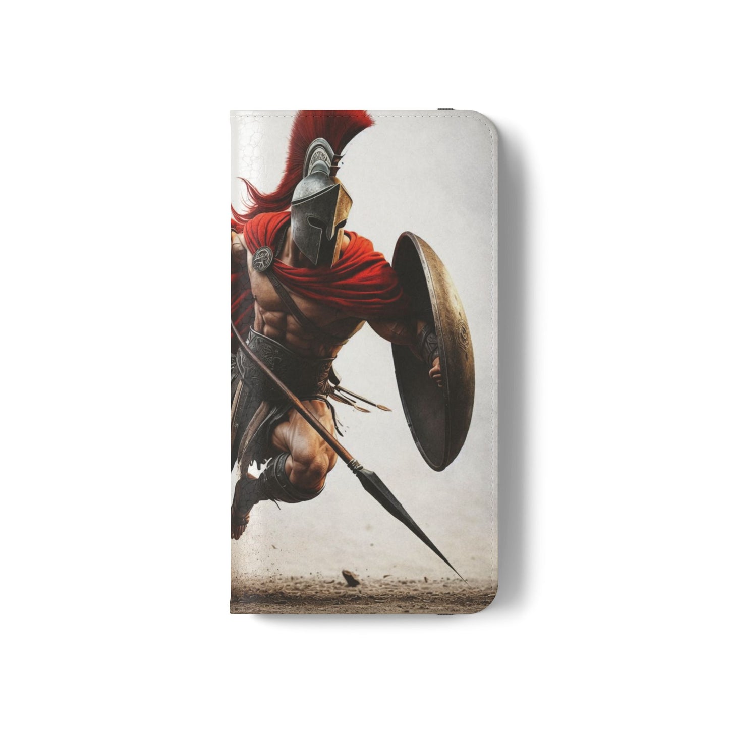 Spartan Warrior Flip Phone Case - Leather Wallet Folio with Red Cape Battle Design