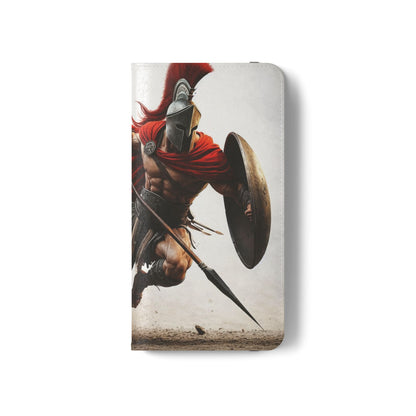 Spartan Warrior Flip Phone Case - Leather Wallet Folio with Red Cape Battle Design