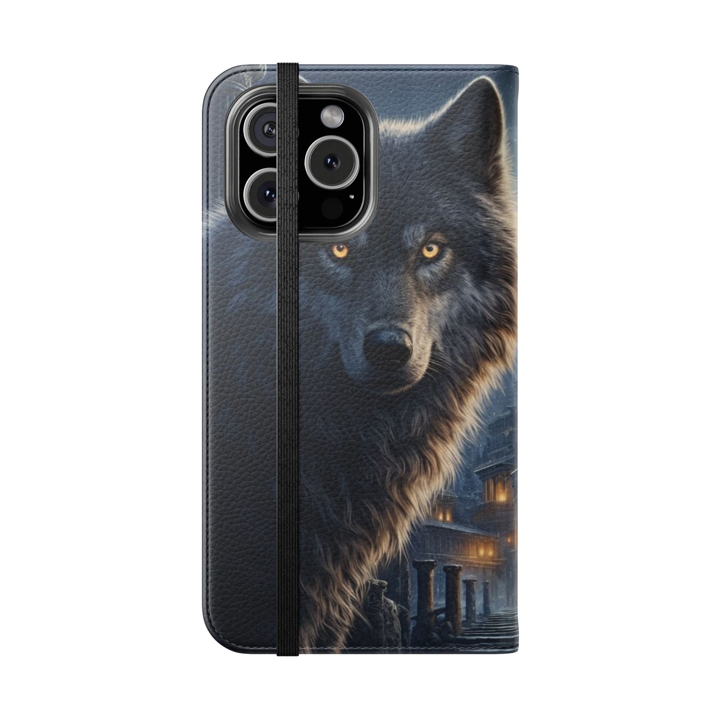 Wolf at Moonlit Ruins Flip Case — Mystical Nightscape Phone Wallet
