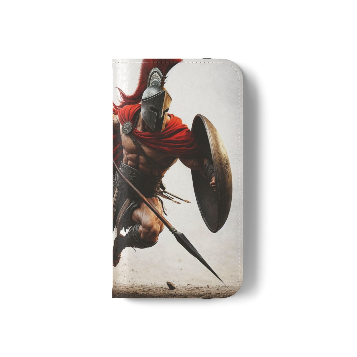 Spartan Warrior Flip Phone Case - Leather Wallet Folio with Red Cape Battle Design