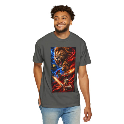 Lion Warrior Graphic T-Shirt — Roaring Lion, Spartan Hero Design