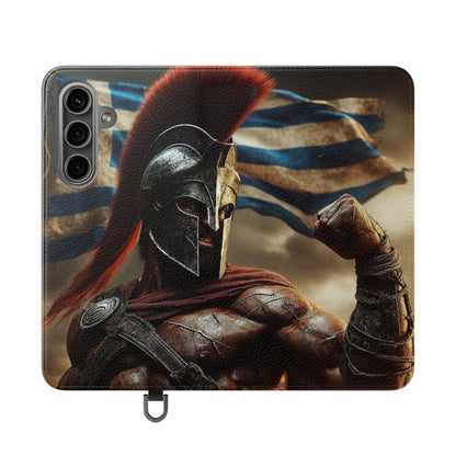 Spartan pride Flip Phone Case - Leather Wallet Flip Case with Greek Flag Design