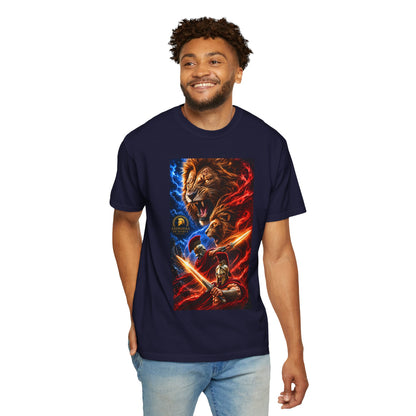 Lion Warrior Graphic T-Shirt — Roaring Lion, Spartan Hero Design