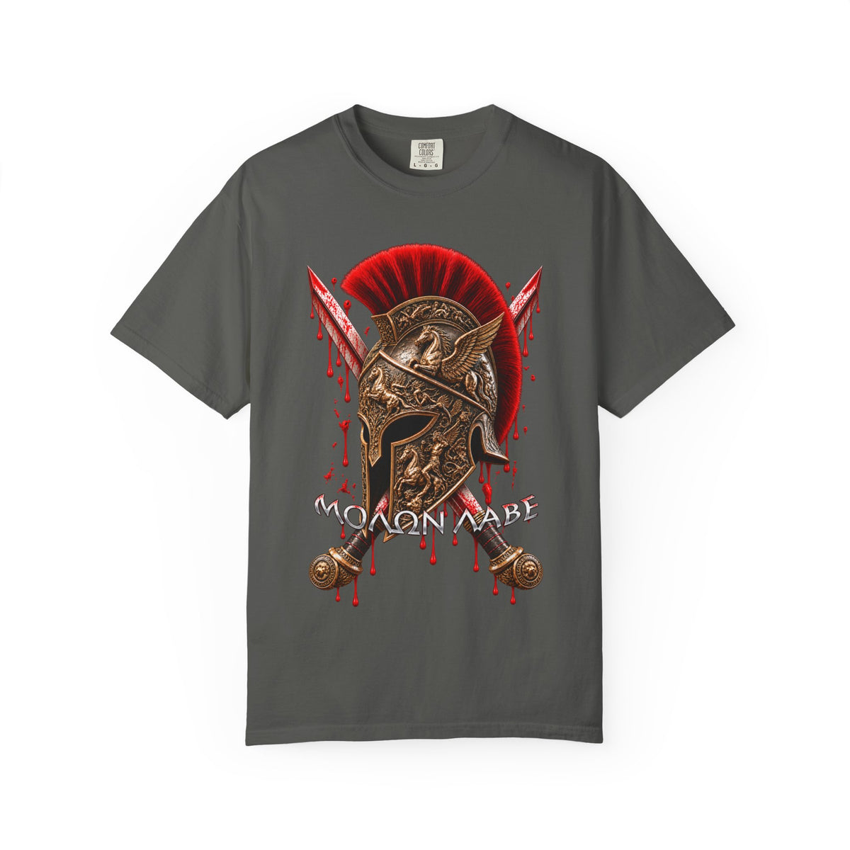Spartan Helmet & Swords T-Shirt — 'Molon Labe' Blood-Drip Warrior Tee