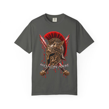 Spartan Helmet & Swords T-Shirt — 'Molon Labe' Blood-Drip Warrior Tee