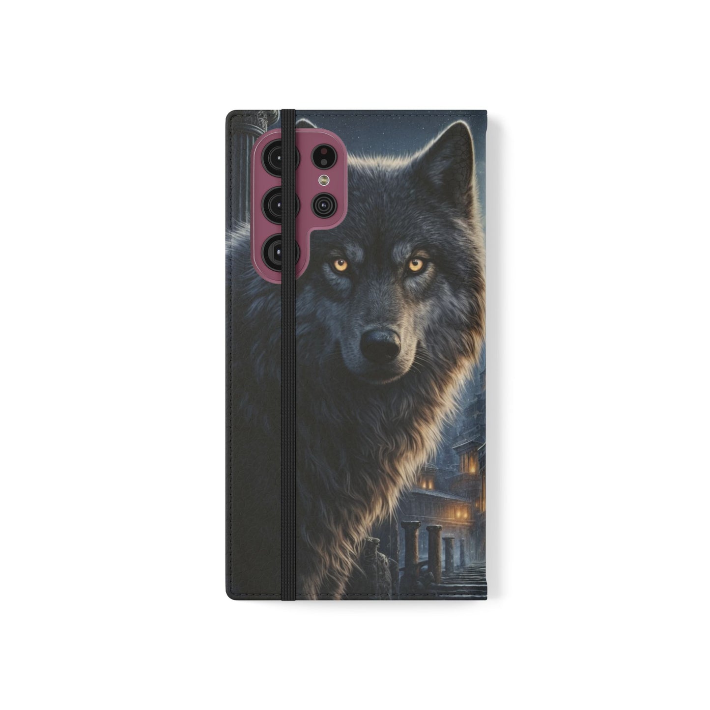 Wolf at Moonlit Ruins Flip Case — Mystical Nightscape Phone Wallet