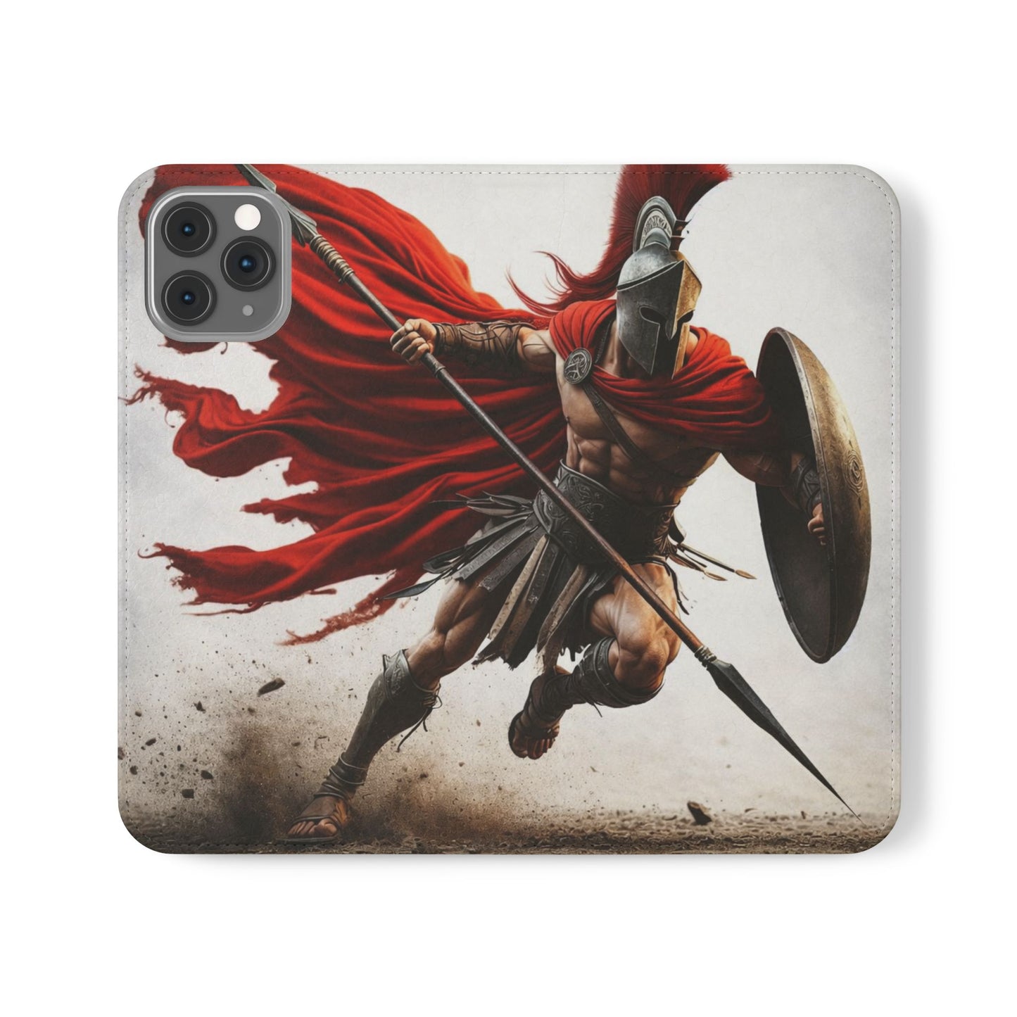 Spartan Warrior Flip Phone Case - Leather Wallet Folio with Red Cape Battle Design