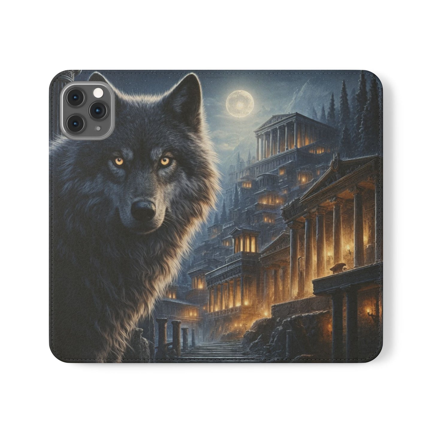 Wolf at Moonlit Ruins Flip Case — Mystical Nightscape Phone Wallet