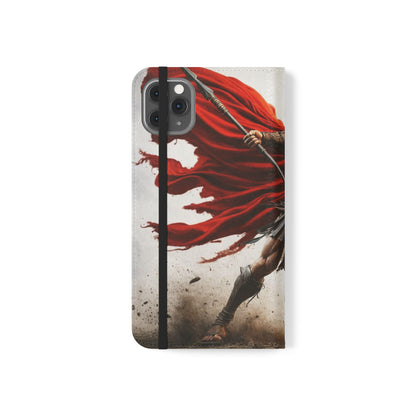 Spartan Warrior Flip Phone Case - Leather Wallet Folio with Red Cape Battle Design