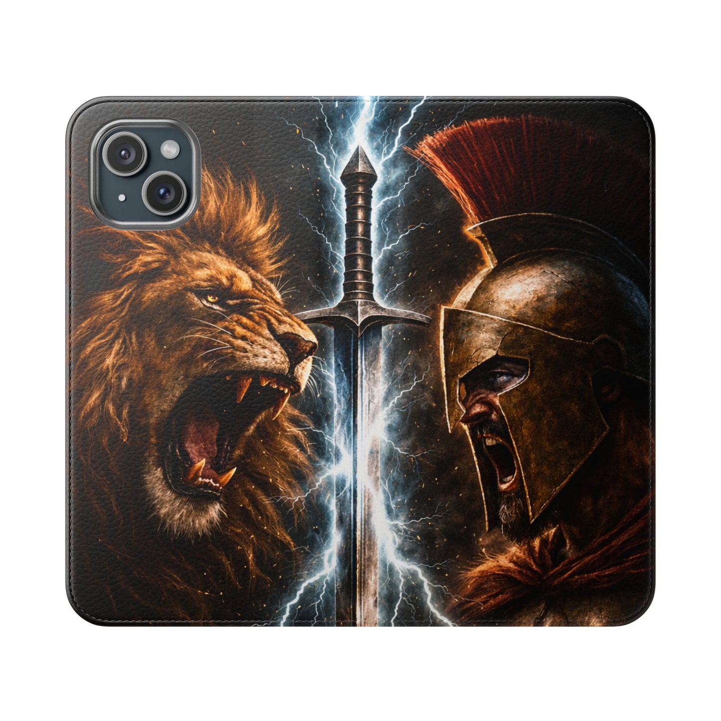 Warrior Lion & Spartan Helmet Flip Phone Case  Leather Folio Wallet Cover