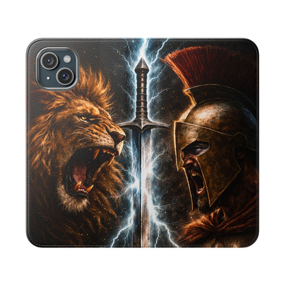 Warrior Lion & Spartan Helmet Flip Phone Case  Leather Folio Wallet Cover