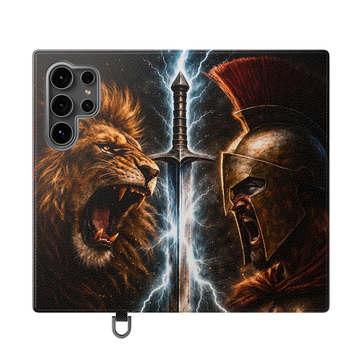 Warrior Lion & Spartan Helmet Flip Phone Case  Leather Folio Wallet Cover
