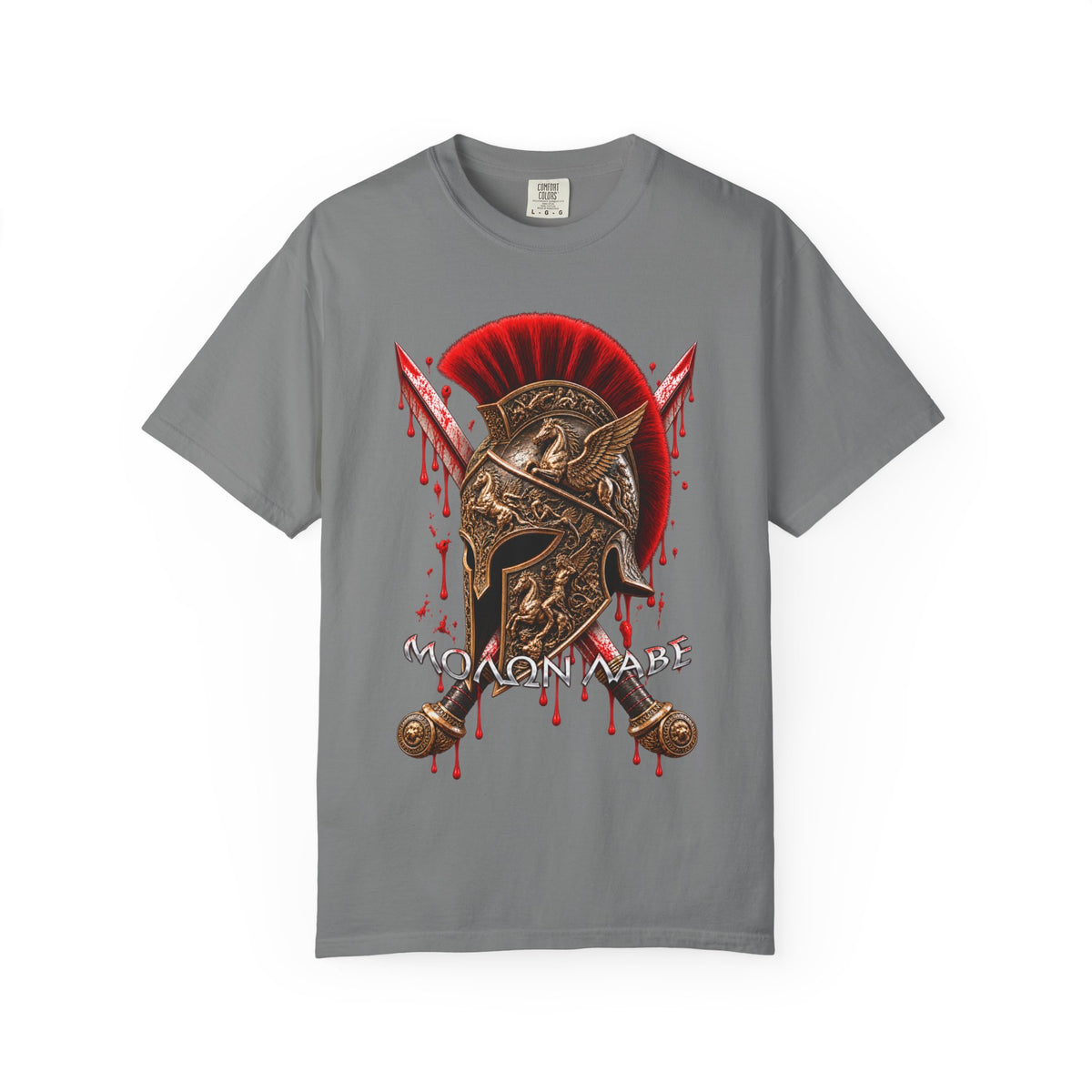 Spartan Helmet & Swords T-Shirt — 'Molon Labe' Blood-Drip Warrior Tee