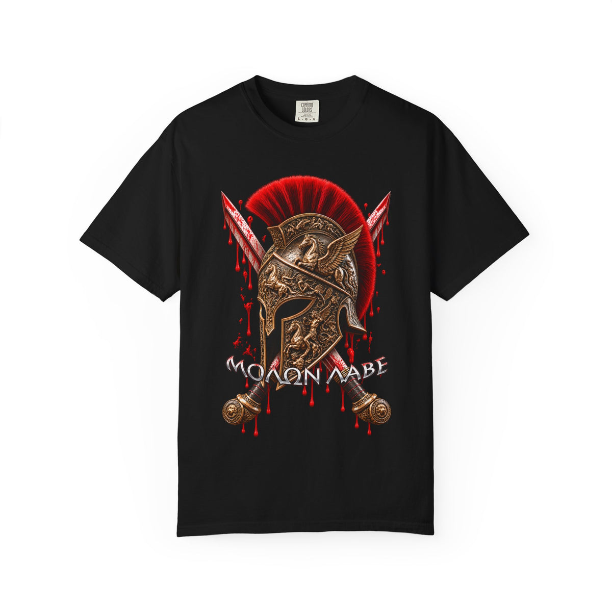 Spartan Helmet & Swords T-Shirt — 'Molon Labe' Blood-Drip Warrior Tee