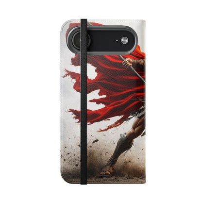 Spartan Warrior Flip Phone Case - Leather Wallet Folio with Red Cape Battle Design