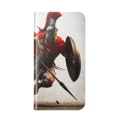 Spartan Warrior Flip Phone Case - Leather Wallet Folio with Red Cape Battle Design