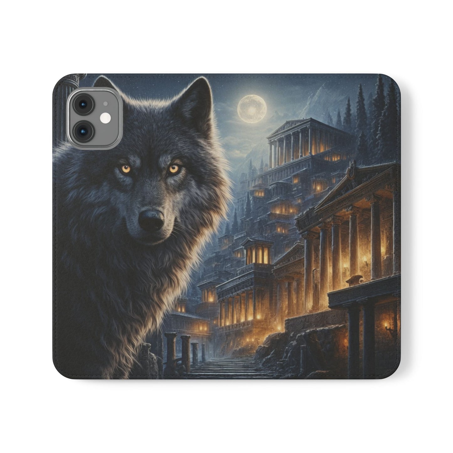 Wolf at Moonlit Ruins Flip Case — Mystical Nightscape Phone Wallet