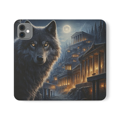 Wolf at Moonlit Ruins Flip Case — Mystical Nightscape Phone Wallet