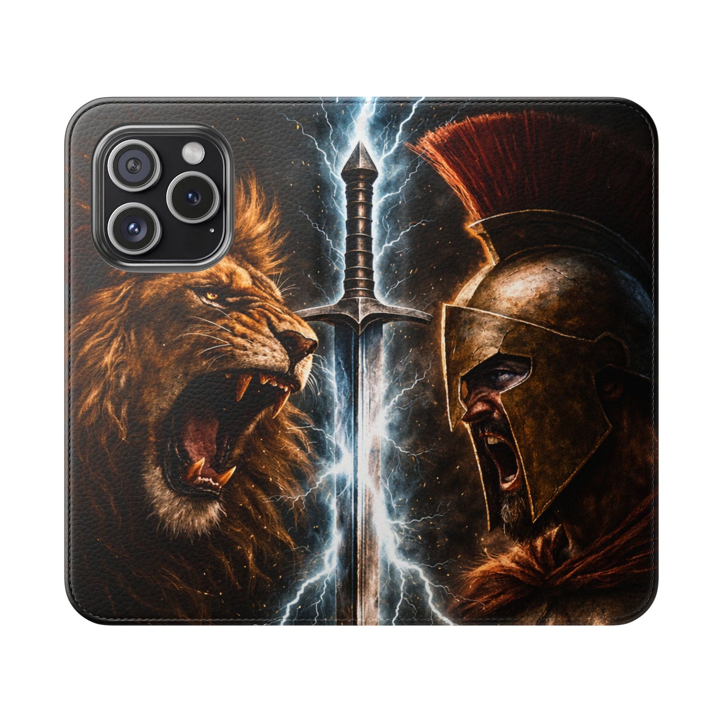 Warrior Lion & Spartan Helmet Flip Phone Case  Leather Folio Wallet Cover