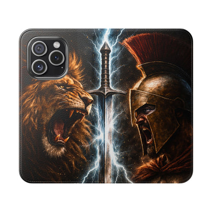 Warrior Lion & Spartan Helmet Flip Phone Case  Leather Folio Wallet Cover
