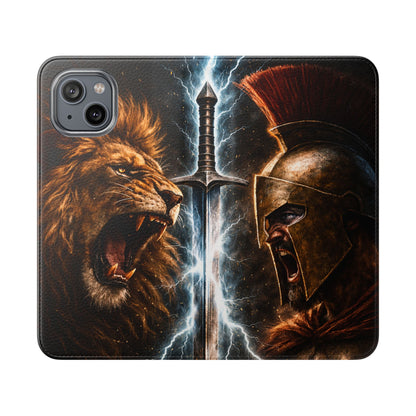 Warrior Lion & Spartan Helmet Flip Phone Case  Leather Folio Wallet Cover